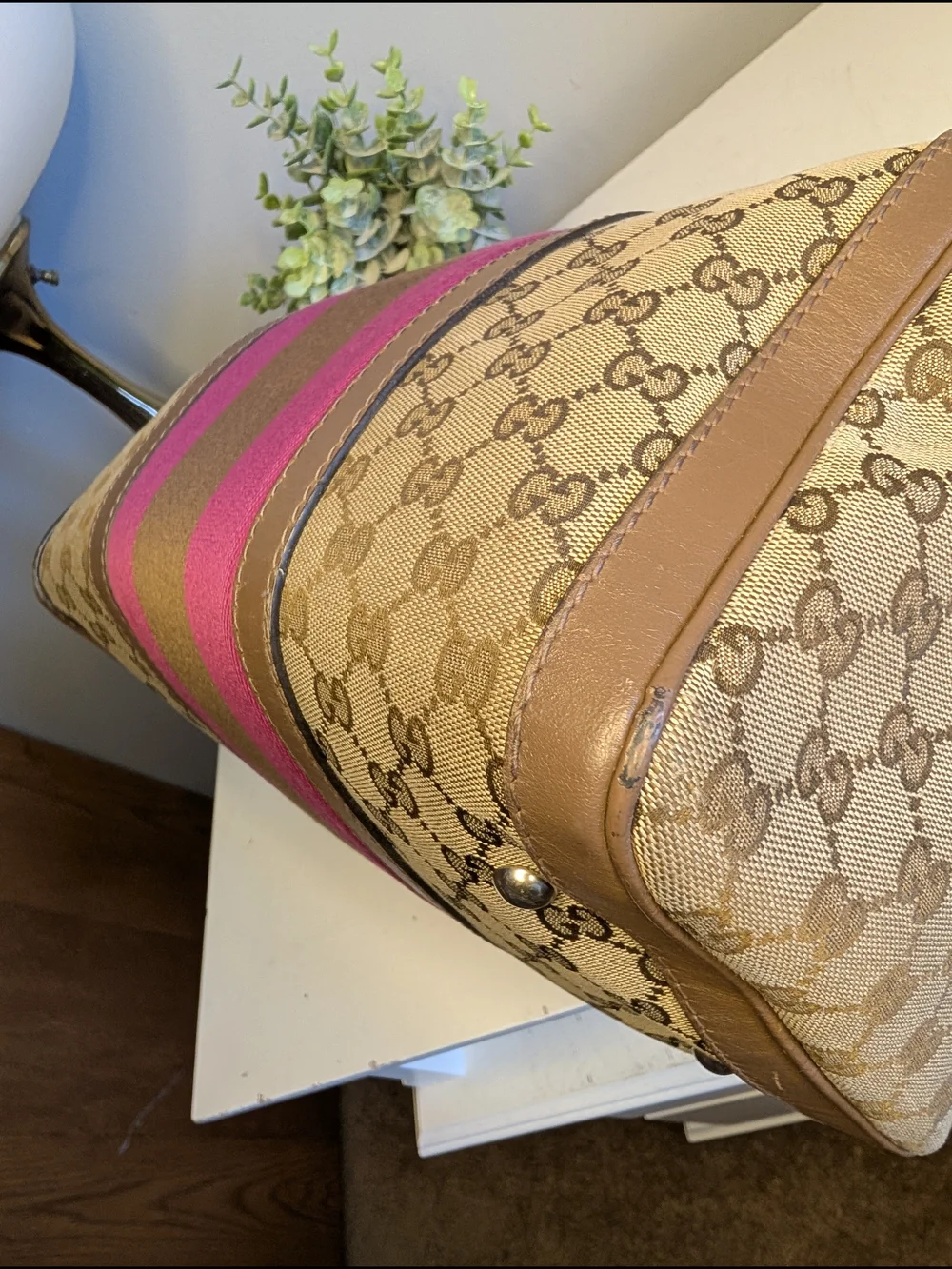Gucci Vintage Pink & Brown Web Joy GG Monogram Canvas Boston Bag - VGUC!